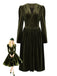 Green 1940s Velvet Deep-V Puff Sleeve Ruched Dress