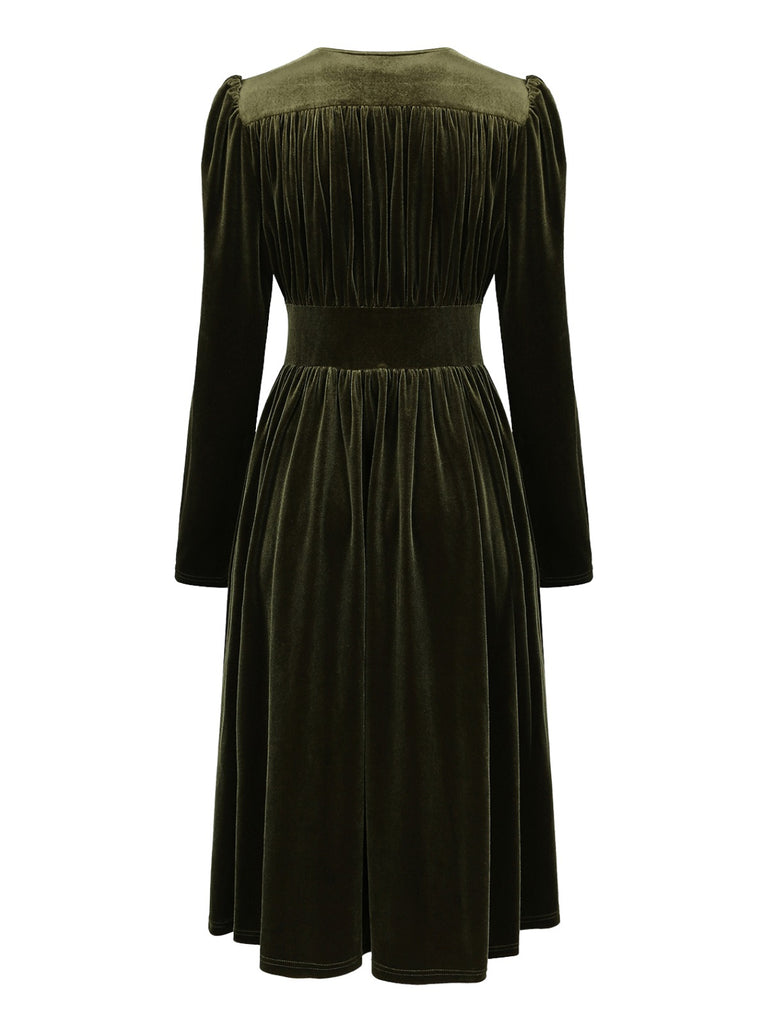 Green 1940s Velvet Deep-V Puff Sleeve Ruched Dress