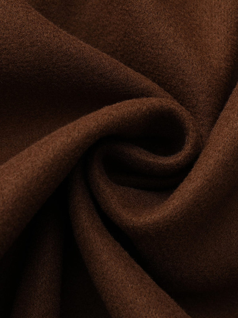 Brown 1930s Notched Collar Faux-Wool Long Coat