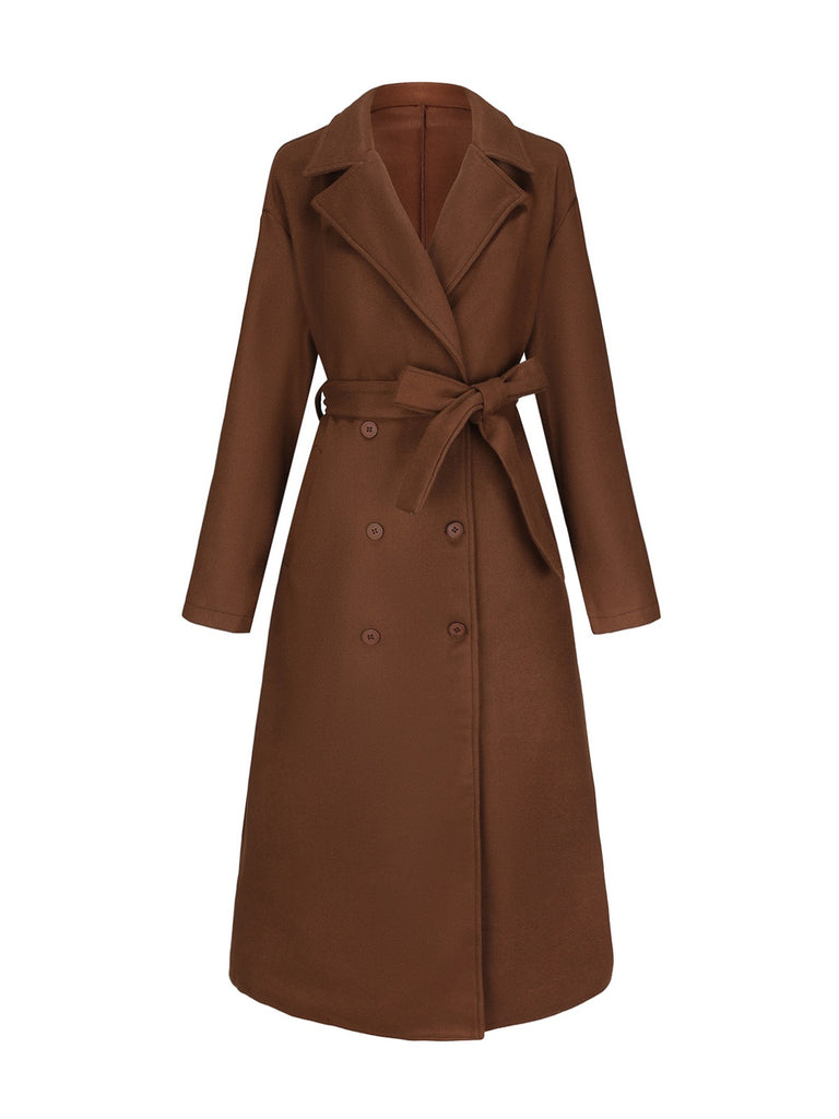 Brown 1930s Notched Collar Faux-Wool Long Coat