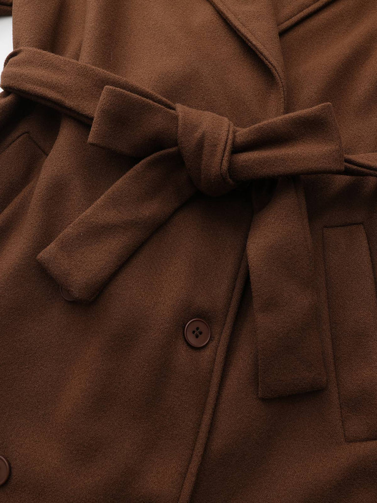 Brown 1930s Notched Collar Faux-Wool Long Coat