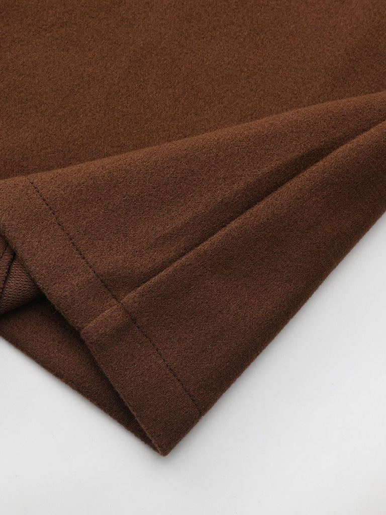 Brown 1930s Notched Collar Faux-Wool Long Coat