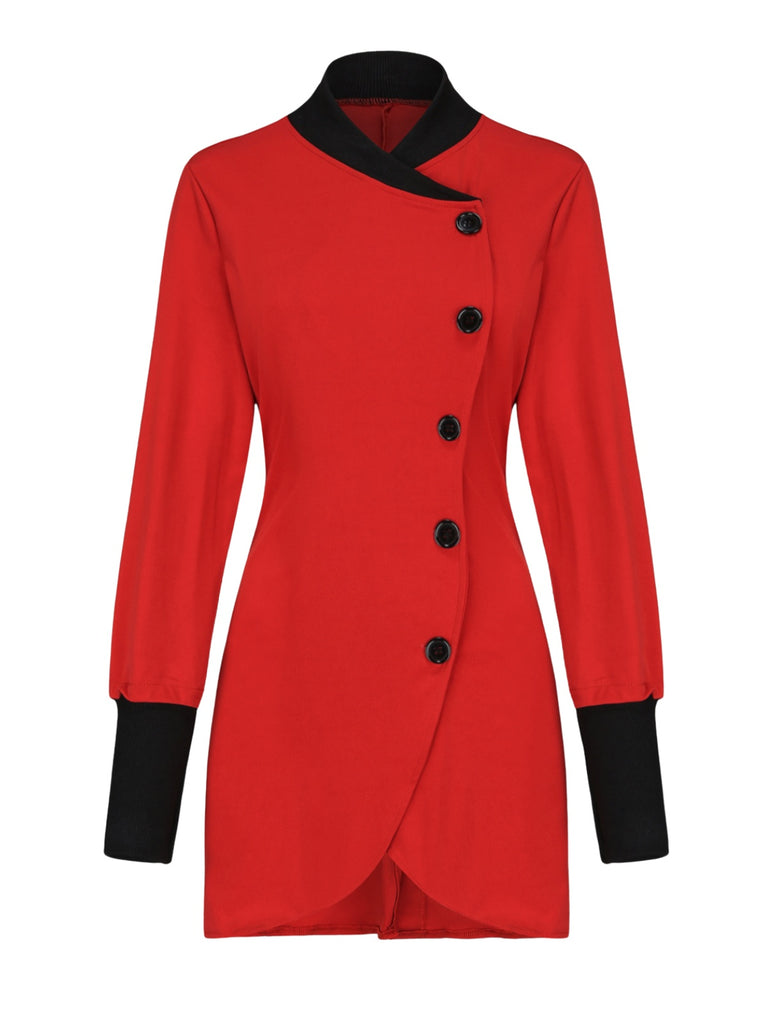 Red 1940s Diagonal Button Stand Collar Coat