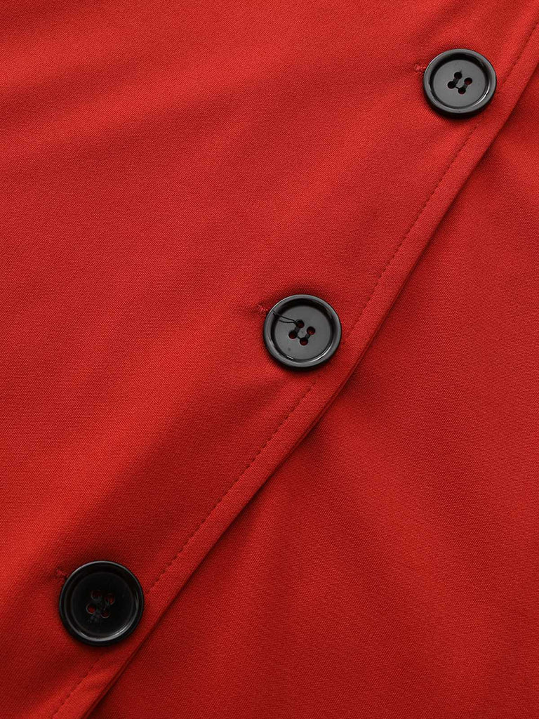 Red 1940s Diagonal Button Stand Collar Coat