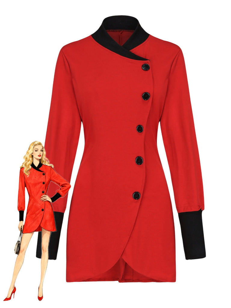 Red 1940s Diagonal Button Stand Collar Coat