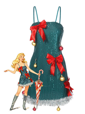 Green 1960s Bow & Christmas Bell Sequin Dress