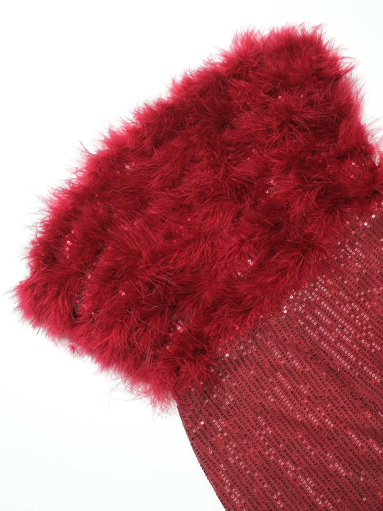 1950s Solid Feather Sequin Patchwork Strapless Jumpsuit