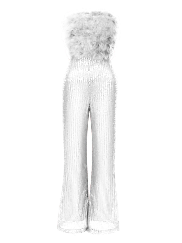 1950s Solid Feather Sequin Patchwork Strapless Jumpsuit