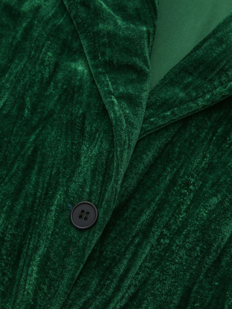 2PCS Green 1980s Solid Pleated Flannelette Blazer & Wide-Leg Pants