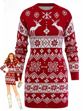 1960s Christmas Reindeer Snowflake Jacquard Knit Dress
