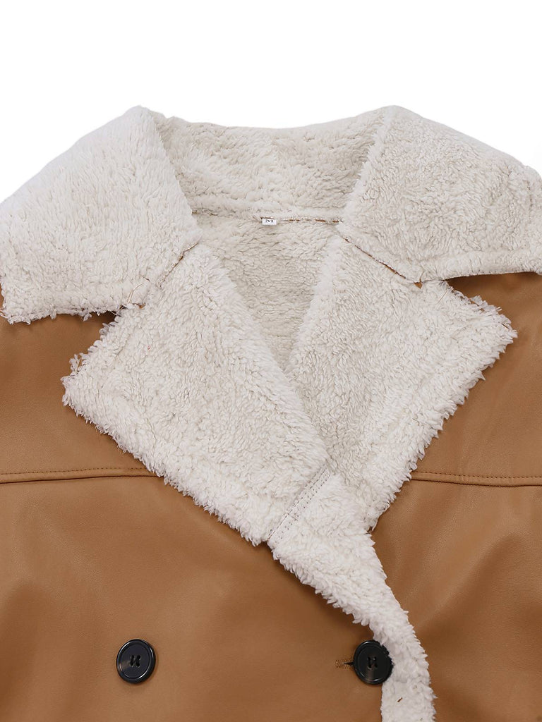 1940s Contrasted Faux Sherpa Fleece Lapel Long Coat