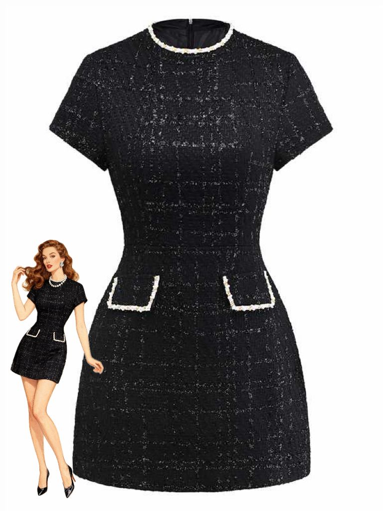 1950s Binding Pearl-Trimmed Collar Tweed Dress