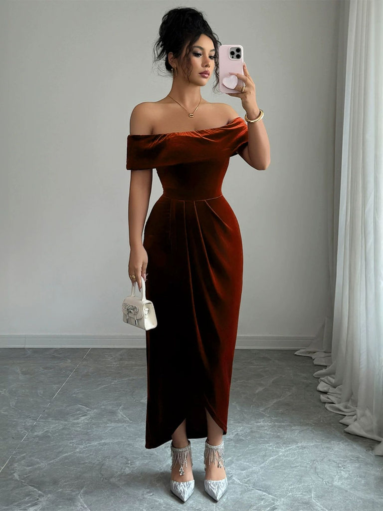 1980s Solid Velvet Off-Shoulder Midi Dress