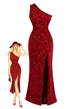 Red 1930s Sequined One-Shoulder Slit Bodycon Dress