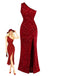 Red 1930s Sequined One-Shoulder Slit Bodycon Dress