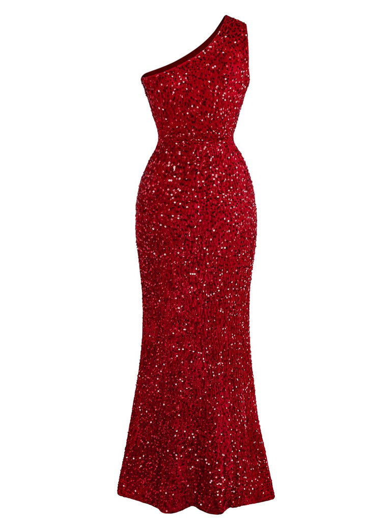 Red 1930s Sequined One-Shoulder Slit Bodycon Dress
