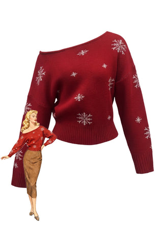 1970s Christmas Snowflake Asymmetrical Shoulder Pullover Sweater