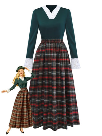 Green 1930s Plaid Lace Patchwork V-Neck Dress