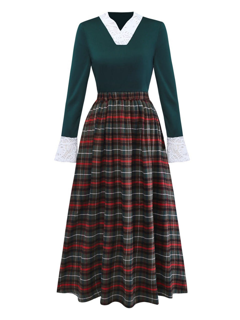 Green 1930s Plaid Lace Patchwork V-Neck Dress
