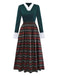 Green 1930s Plaid Lace Patchwork V-Neck Dress