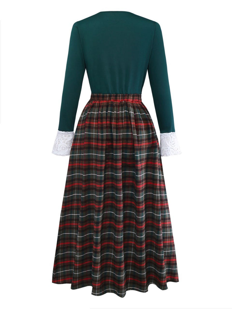 Green 1930s Plaid Lace Patchwork V-Neck Dress