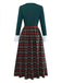 Green 1930s Plaid Lace Patchwork V-Neck Dress