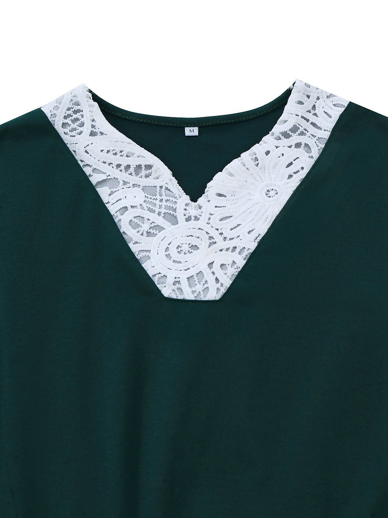 Green 1930s Plaid Lace Patchwork V-Neck Dress