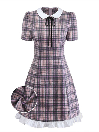 [Pre-Sale] Pink 1960s Peter Pan Collar Plaid Ruffle Hem Dress