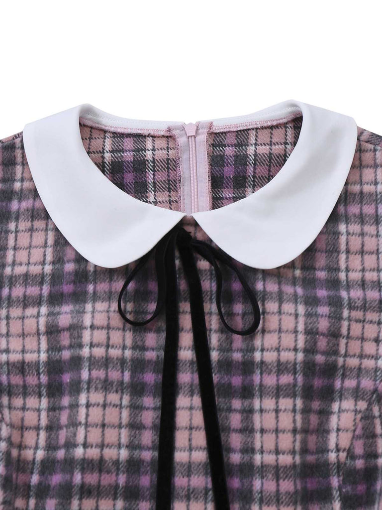 [Pre-Sale] Pink 1960s Peter Pan Collar Plaid Ruffle Hem Dress