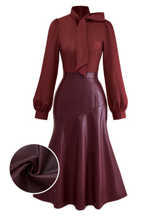 [Pre-Sale] Wine Red 1940s Tie Neck Leather Patchwork Dress