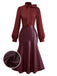 [Pre-Sale] Wine Red 1940s Tie Neck Leather Patchwork Dress
