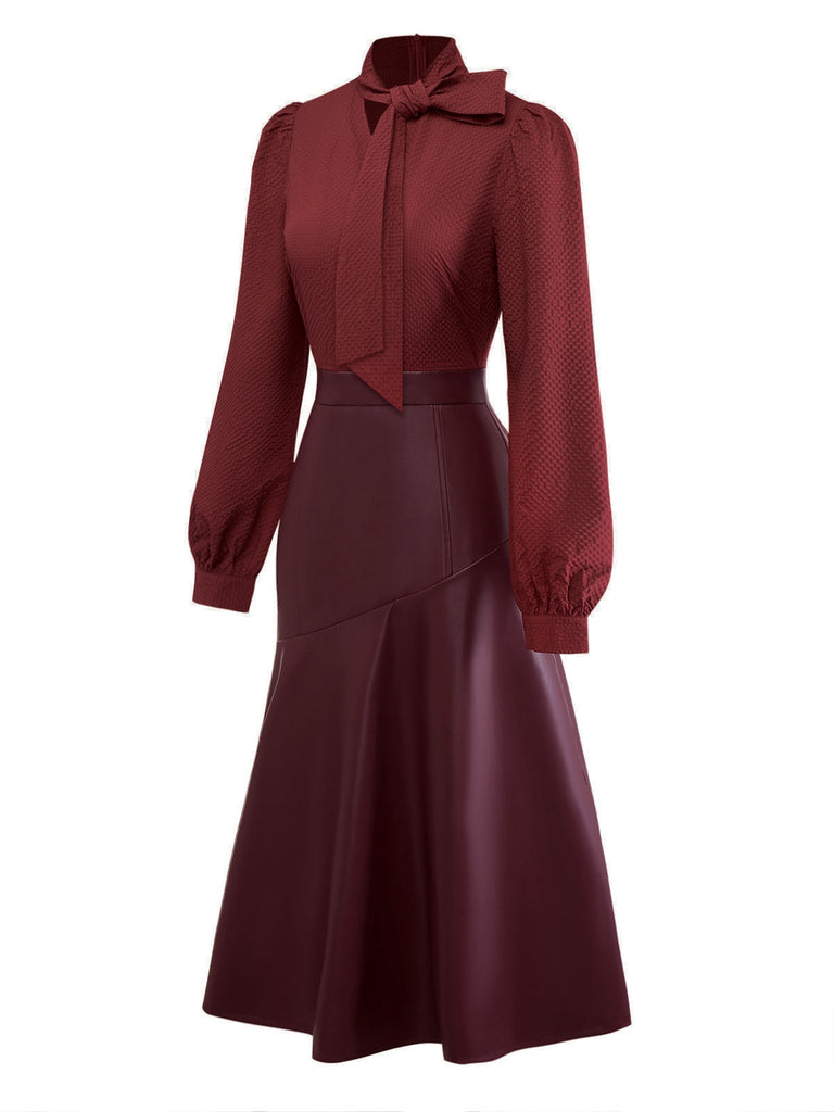 [Pre-Sale] Wine Red 1940s Tie Neck Leather Patchwork Dress