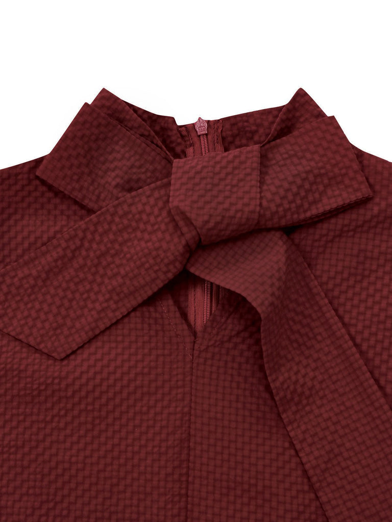 [Pre-Sale] Wine Red 1940s Tie Neck Leather Patchwork Dress