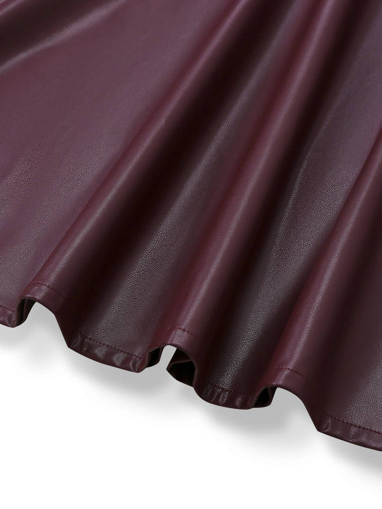 [Pre-Sale] Wine Red 1940s Tie Neck Leather Patchwork Dress