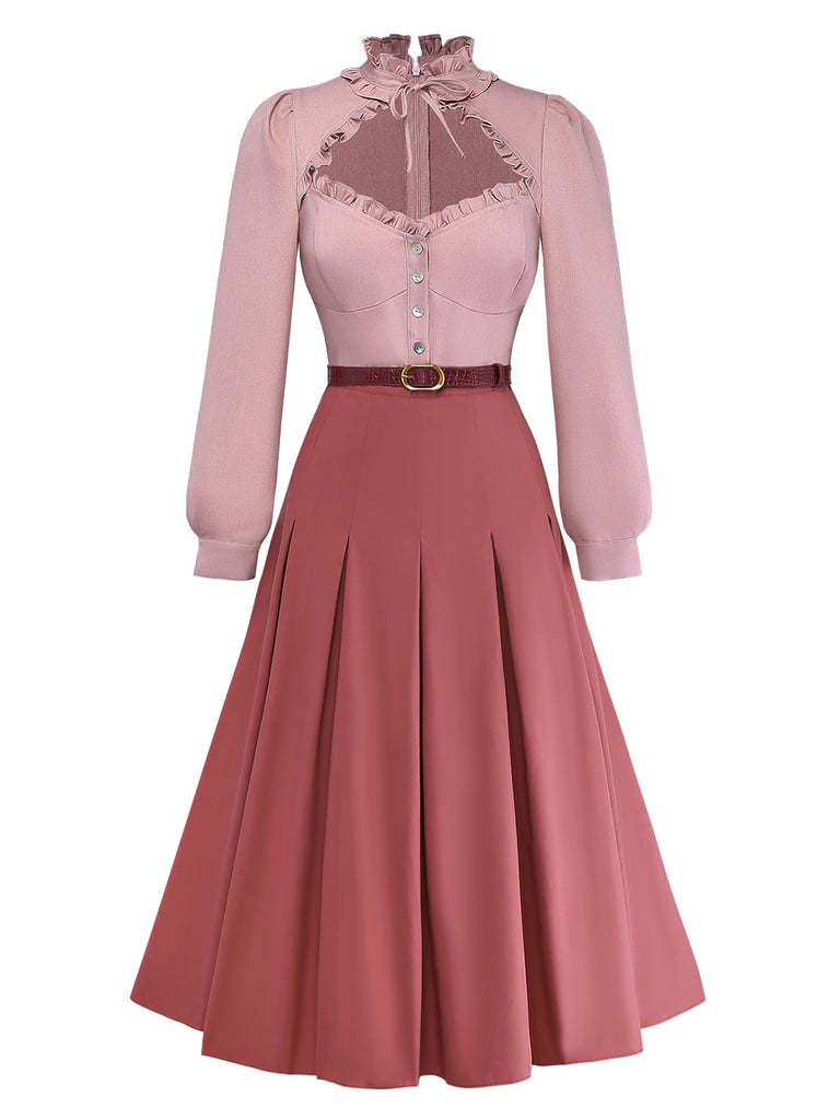 [Pre-Sale] Dusty Pink 1940s Cotton Contrasted Keyhole Ruffled Dress