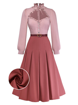 [Pre-Sale] Dusty Pink 1940s Cotton Contrasted Keyhole Ruffled Dress