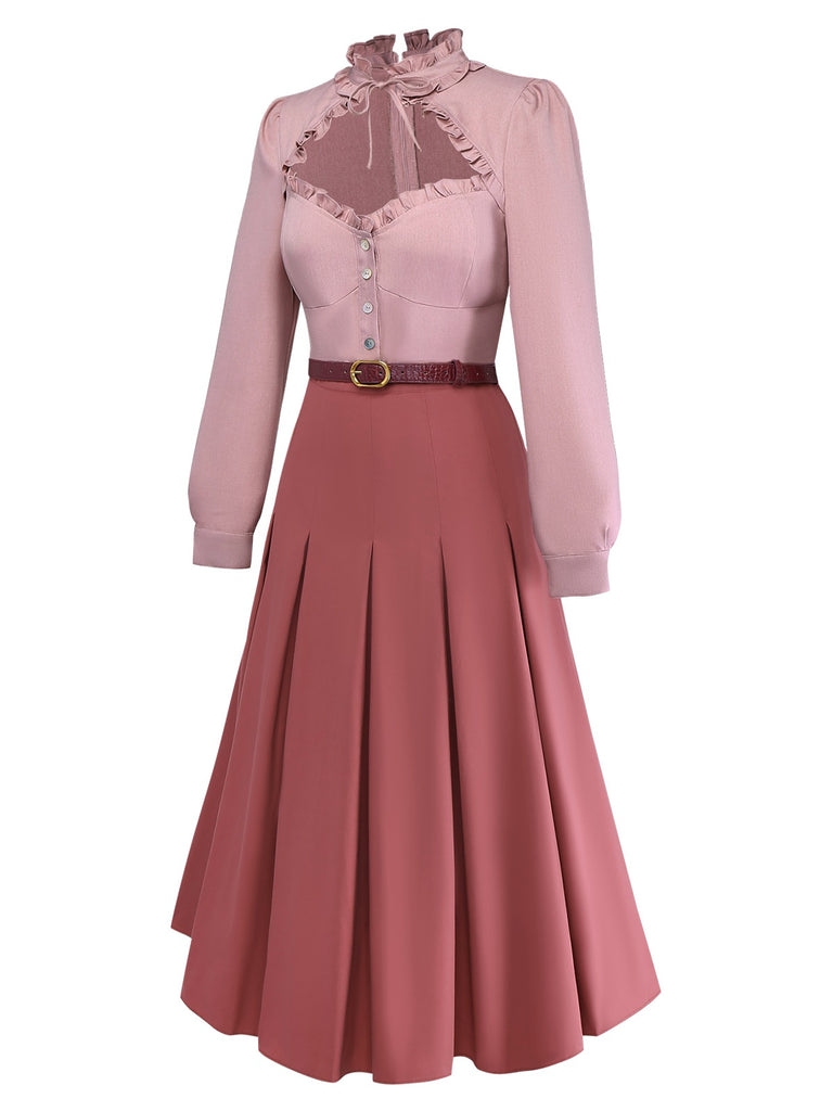 [Pre-Sale] Dusty Pink 1940s Cotton Contrasted Keyhole Ruffled Dress
