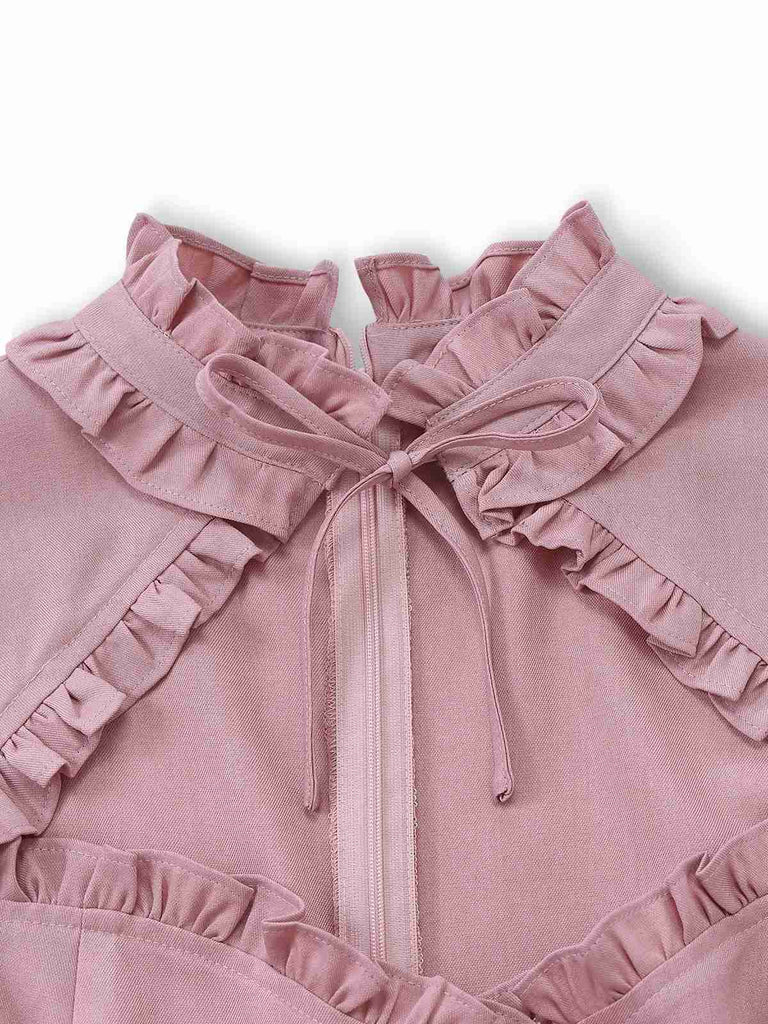 [Pre-Sale] Dusty Pink 1940s Cotton Contrasted Keyhole Ruffled Dress