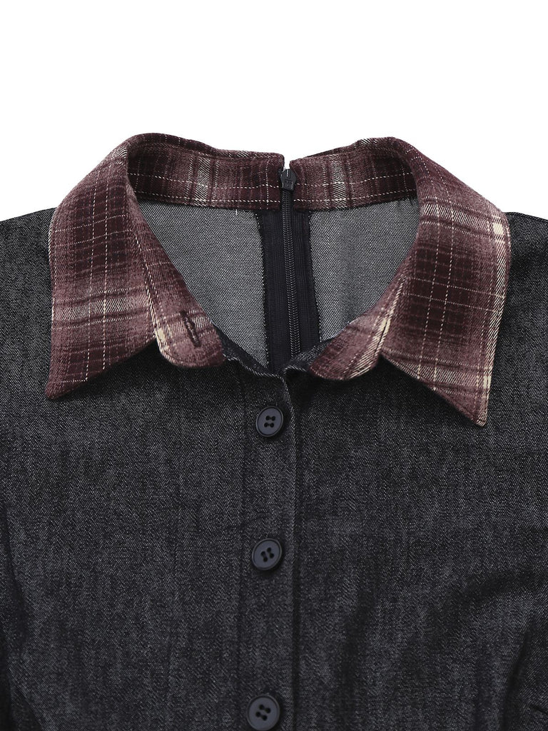 [Pre-Sale] Black 1940s Plaid Denim Patchwork Dress