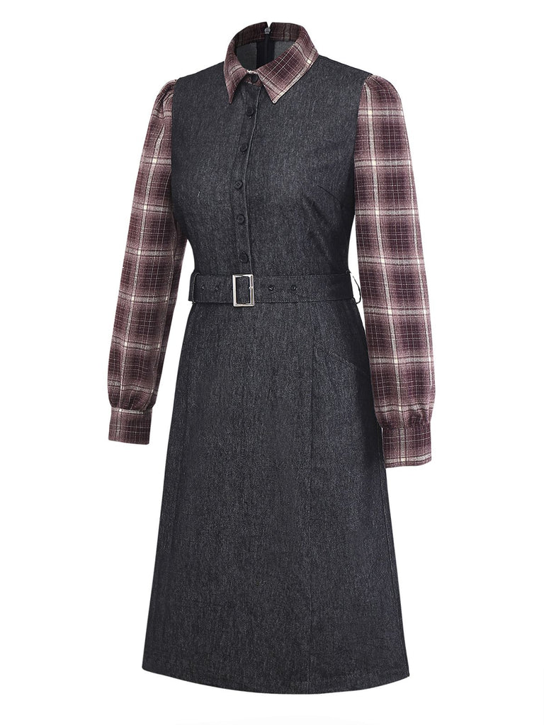 [Pre-Sale] Black 1940s Plaid Denim Patchwork Dress