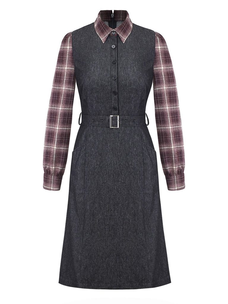 [Pre-Sale] Black 1940s Plaid Denim Patchwork Dress
