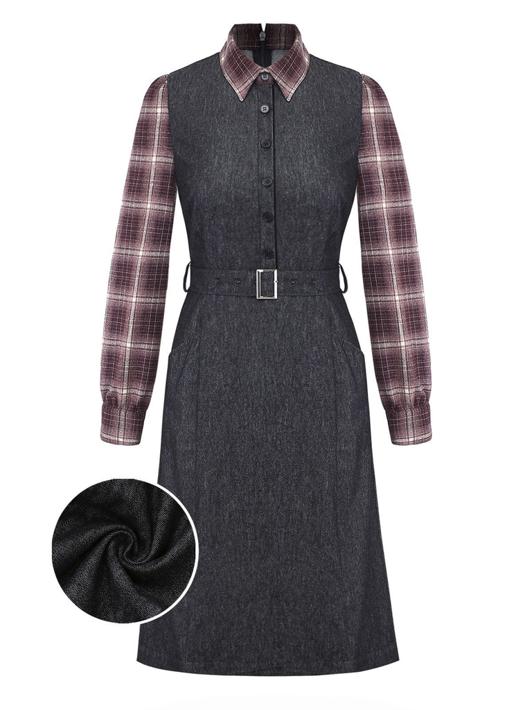 [Pre-Sale] Black 1940s Plaid Denim Patchwork Dress