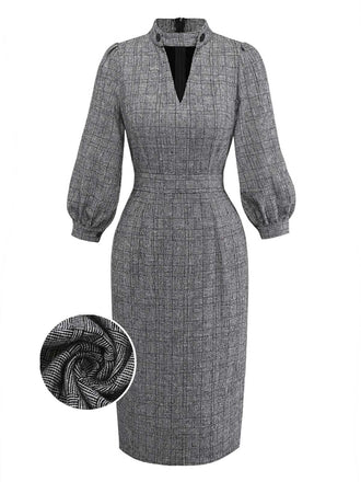 [Pre-Sale] 1960s Button High-Neck Puff Sleeve Pencil Dress