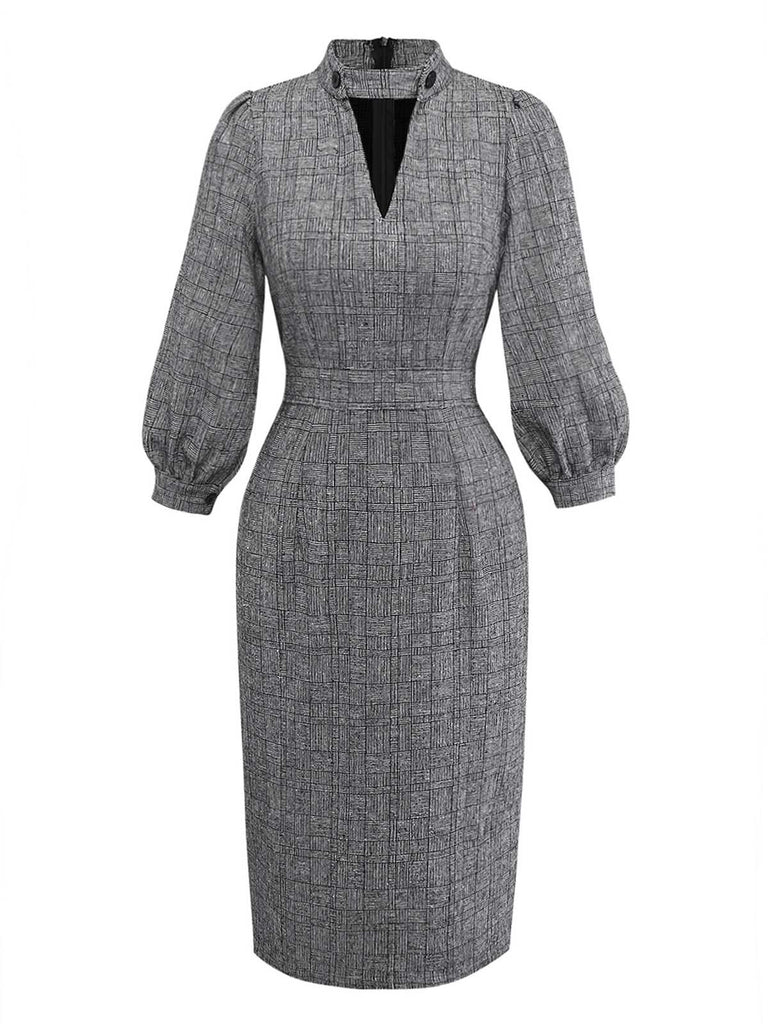 [Pre-Sale] 1960s Button High-Neck Puff Sleeve Pencil Dress