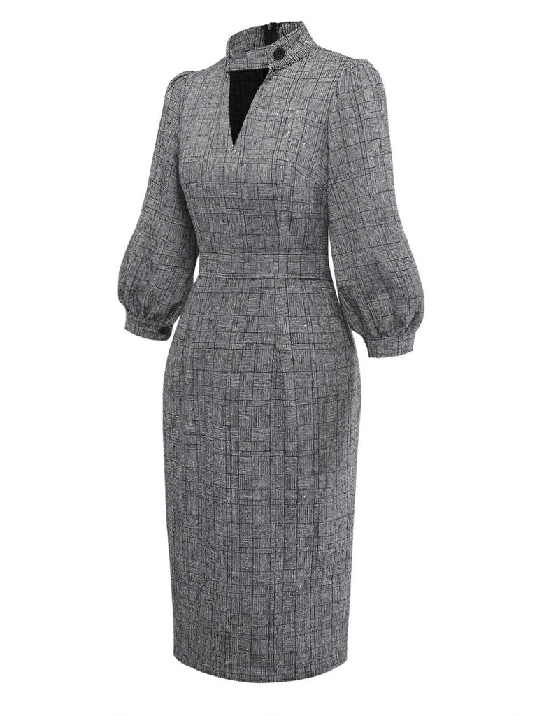 [Pre-Sale] 1960s Button High-Neck Puff Sleeve Pencil Dress