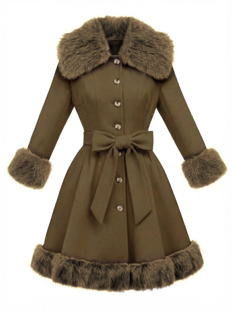 Cream 1950s Fur Collar Patchwork Coat