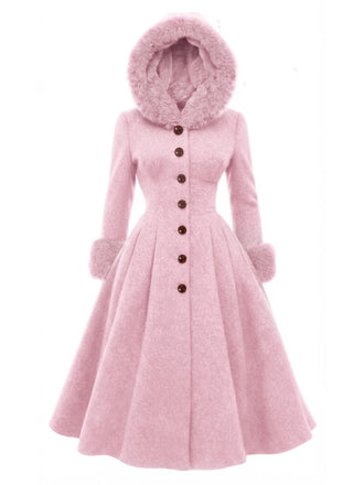 Pink 1950s Faux-Wool Hooded Button Coat