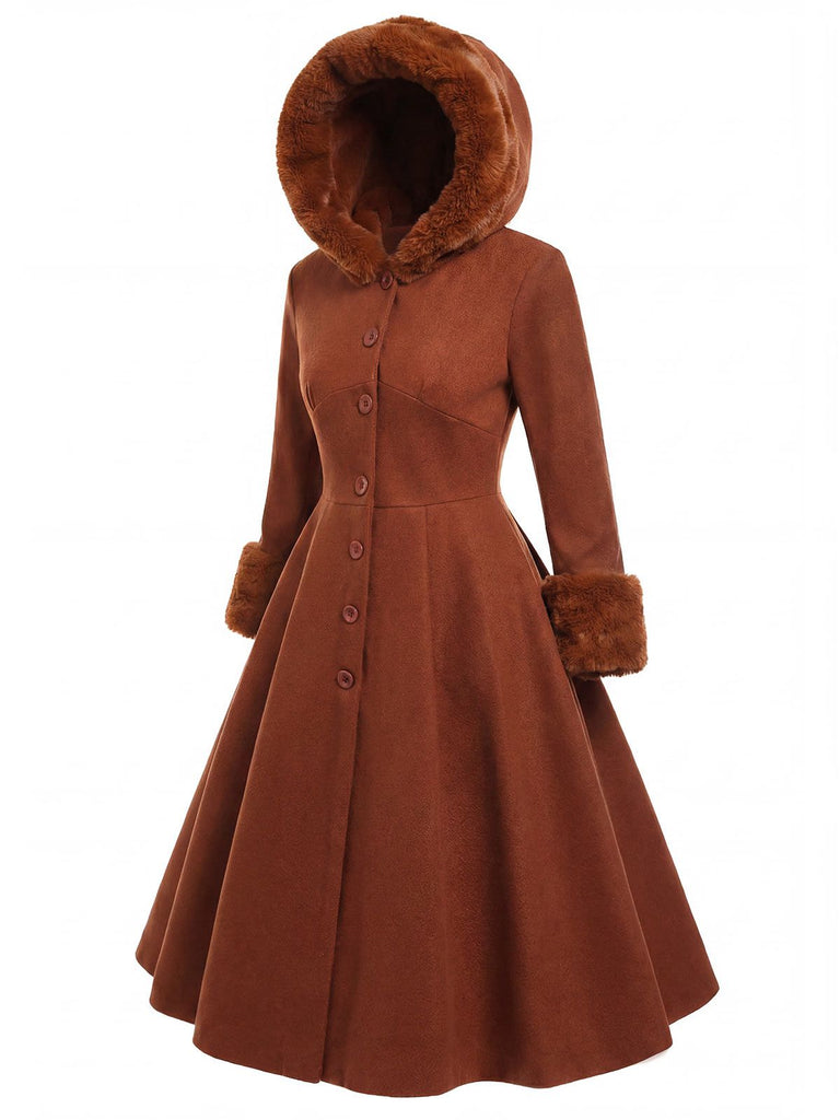 Brown 1950s Faux-Wool Hooded Button Coat