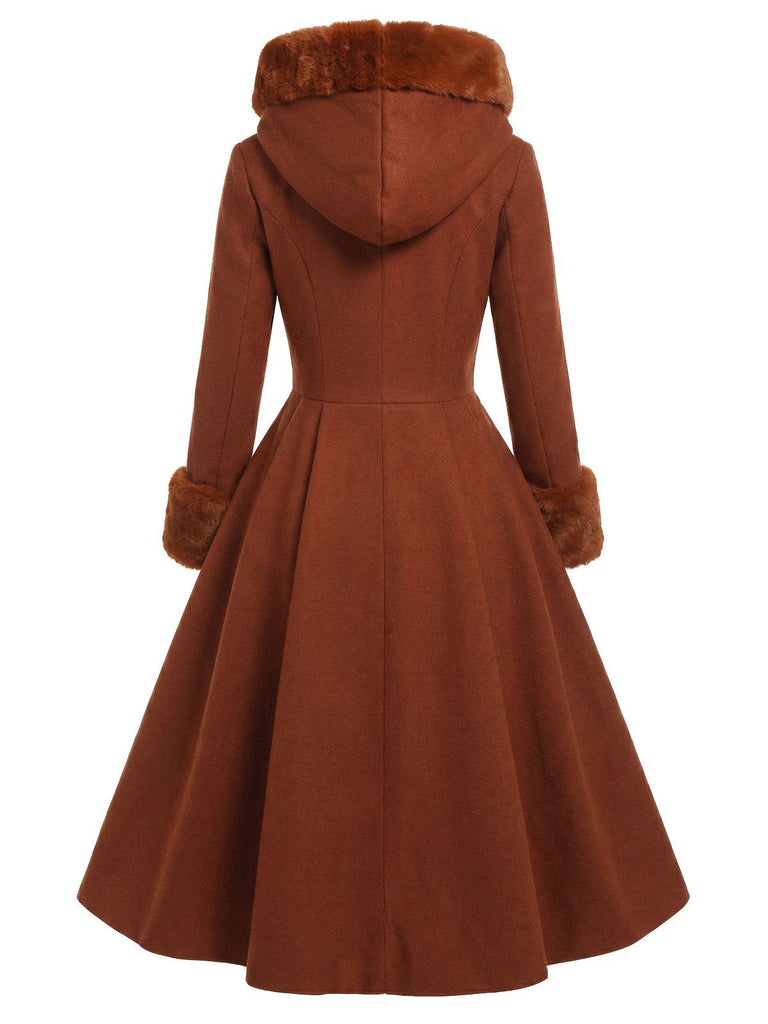 Brown 1950s Faux-Wool Hooded Button Coat