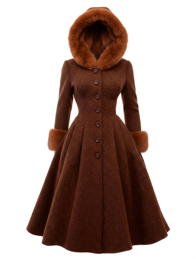 [Pre-Sale] Brown 1950s Faux-Wool Hooded Button Coat